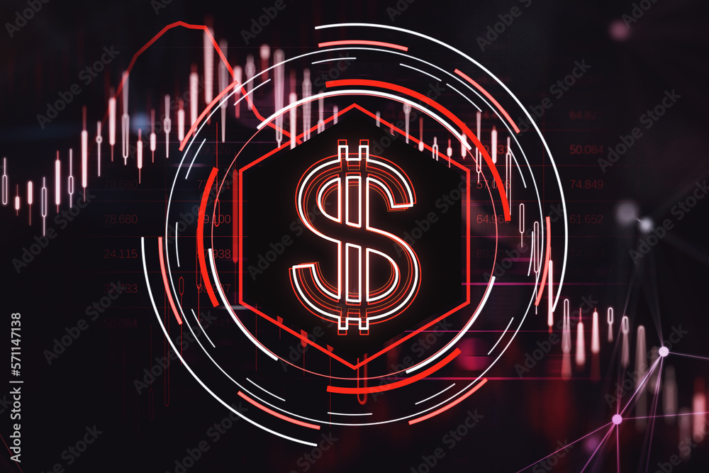 Poster creative glowing dollar with downward red candlestick chart on dark background. financial crisis and