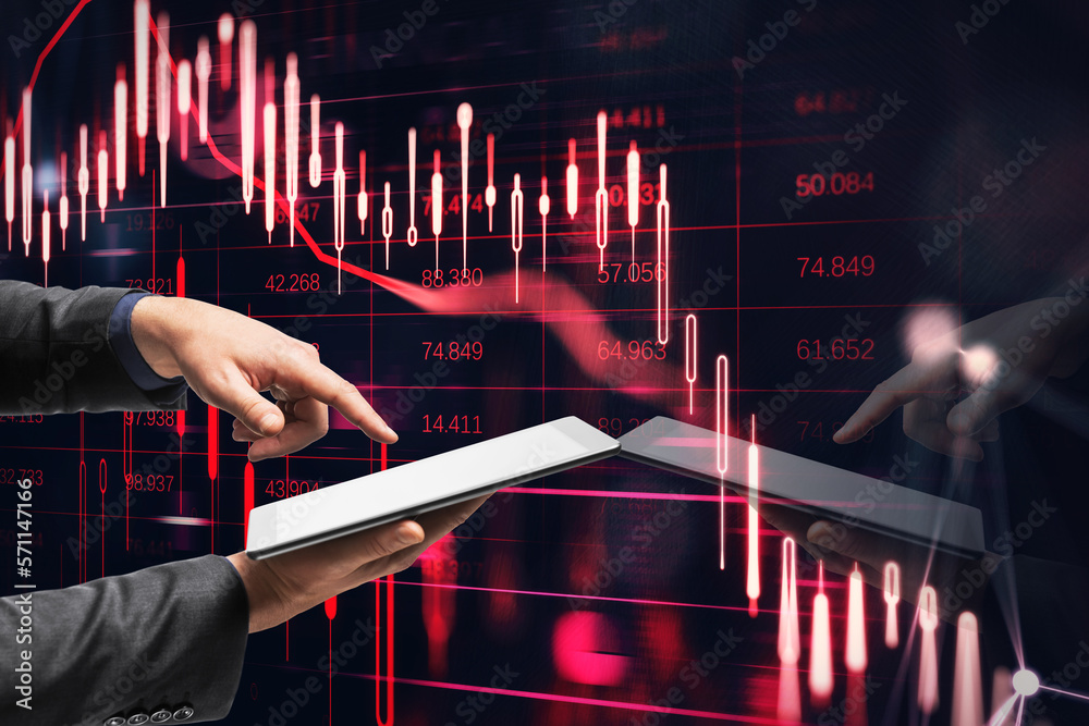 Poster close up of businessman hand pointing at cellphone with downward red candlestick chart on dark backg