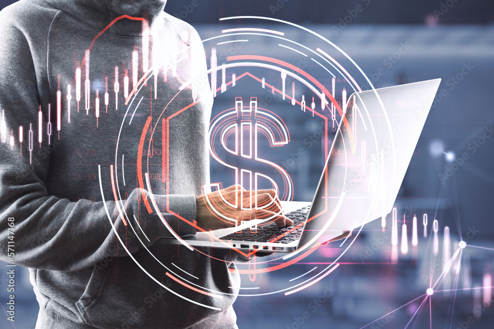 Aufkleber Close up of hacker hands using laptop computer with downward red dollar candlestick chart on blurry office interior background. Financial crisis, hacking and recession concept. Double exposure.