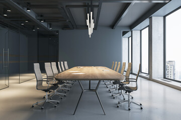 Side view on wooden meeting table and light wheel chairs sunlit by modern chandelier on dark top in spacious conference room with concrete floor, dark wall background and city view. 3D rendering