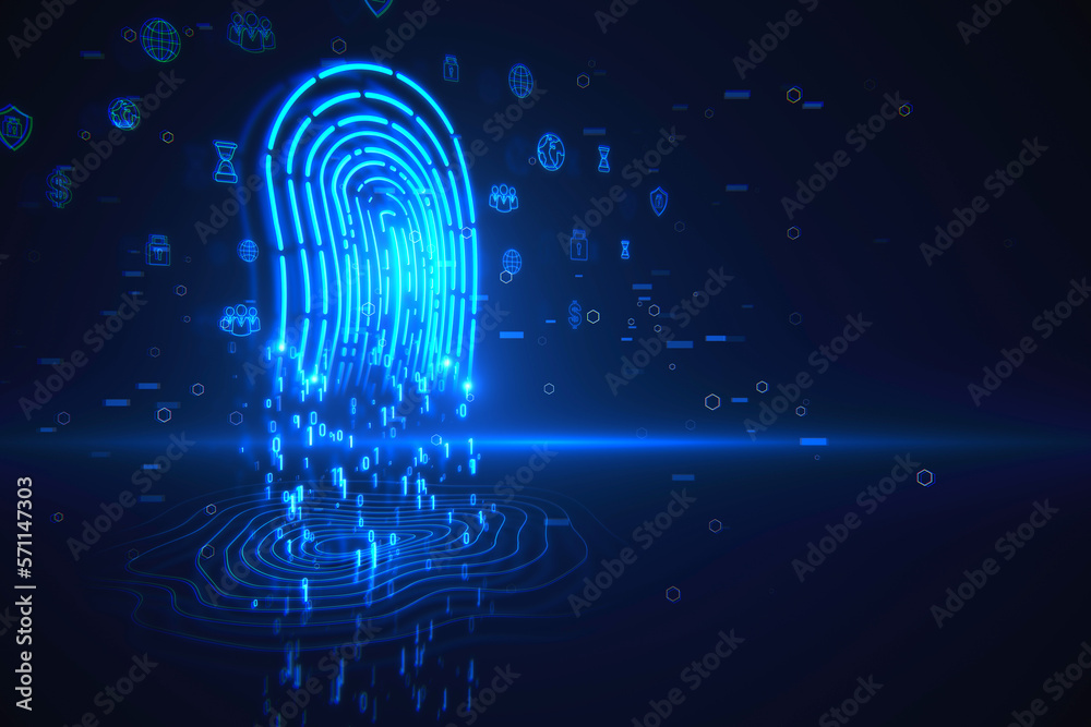 Fototapete Biometric security and cybernetic technology and password management concept with digital blue fingerprint made of coding numbers on abstract dark background with social network icons. 3D rendering