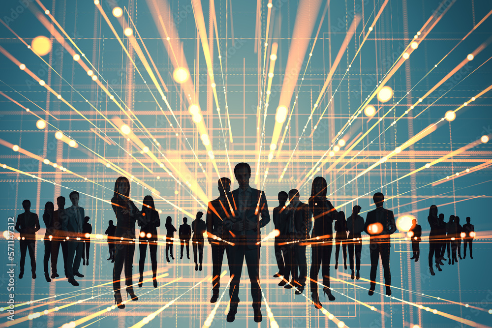 Poster front view on dark business people silhouettes permeated by yellow digital bright glowing projection