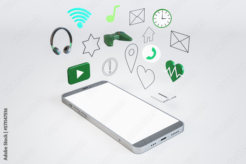 Poster Empty white mock up smartphone screen with media and lifestyle icons on white background. Mock up place. 3D Rendering.