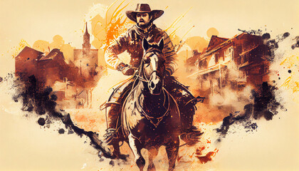 Cowboy riding horse in wild west old town road. Digital art, painting, Generative AI