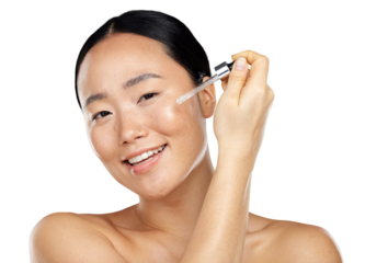A topless asian young girl with a soft and smoth skin using a skincare, facial serum, hyaluronic acid cosmetic product and essential oil isolated on a png background.