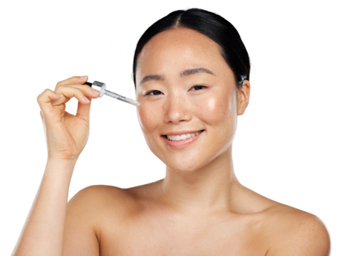 A topless korean beauty model applying facial serum and essential oil on glowing skin isolated on a png background. Japanese model face, liquid cosmetic product and hyaluronic acid wellness.