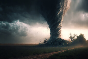 Large tornado destroying a farm. Dark dramatic scenery with a twister in landscape. Natural disaster concept. Generative ai