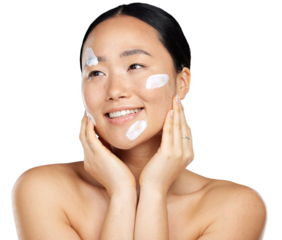 A korean woman with sunscreen on her face, skincare cream product for natural uv protection. Happy korean girl applying dermatology approved spf lotion isolated on a png background.