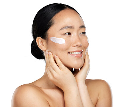 Asian Woman Using A Skincare Cream, Facial Makeup, And Luxury Cosmetics For Skin Wellness Isolated On A Png Background. Happy Japanese Model, Facial Spf Lotion, And Natural Aesthetic Dermatology.