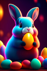 Cute easter bunny, with colorful easter eggs. Generative AI.