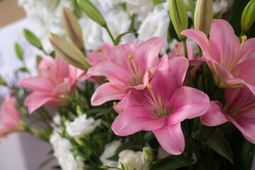 bouquet of pink and white lilies - wedding decoration