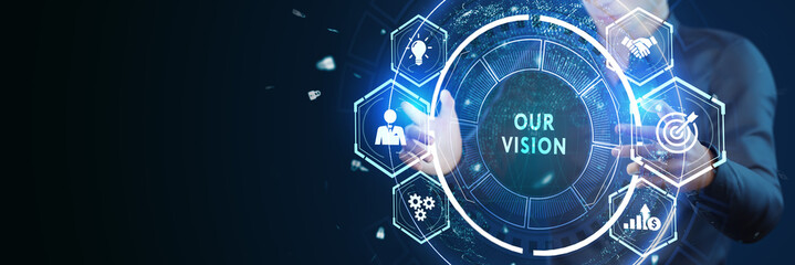 Business, technology, internet and network concept. Virtual screen of the future and sees the inscription: Our vision. - obrazy, fototapety, plakaty