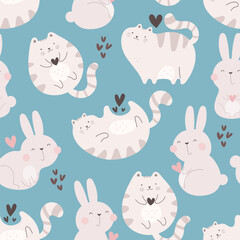 seamless pattern with cartoon animals, decor elements. Colorful vector flat for kids. hand drawing. baby design for fabric, print, wrapper, textile