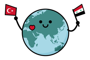 トルコ・シリア地震支援　トルコとシリアの国旗を持って応援する地球のイラスト