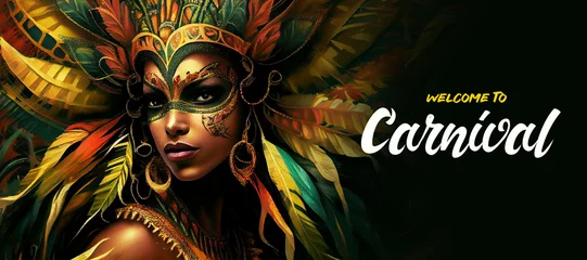 Keuken foto achterwand Carnaval Brazil Carnival Latin Woman Wear Bright Costume Traditional Rio Party Flat Bright Illustration with Place for Text. Banner, Flyer or Poster Template. Generative Ai.