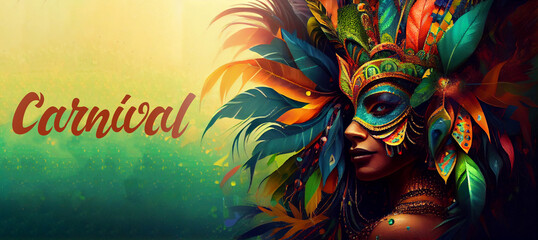 Brazil Carnival Latin Woman Wear Bright Costume Traditional Rio Party Flat Bright Illustration with Place for Text. Banner, Flyer or Poster Template. Generative Ai.