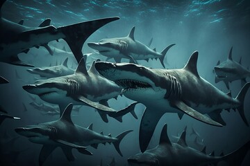 Fototapeta premium Diving into the Depths: A Group of Sharks