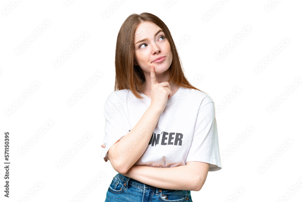 Poster Young volunteer woman over isolated chroma key background having doubts while looking up