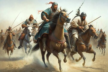 Mongolian army led by Genghis Khan. Ancient cavalry of armed horseback soldiers on horses. Illustration of historic Mongol army in combat created by generative AI - obrazy, fototapety, plakaty
