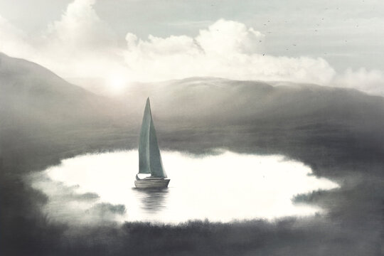 Illustration of sail boat navigating in a pond, surreal abstract concept