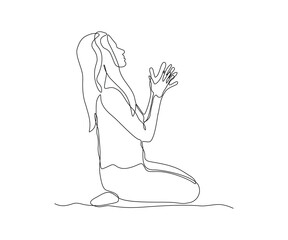 abstract girl, a woman without a face who does yoga or prays sitting , hand-drawn, continuous mono line, one line art, contour drawing