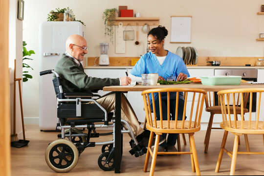 Smiling senior man sitting on wheelchair with caretaker cutting vegetables at home