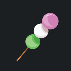 Japanese three colored pink, white, and green daifuku dango with wooden stick food vector illustration isolated on square black template. Food drawing with cartoon simple flat art style.