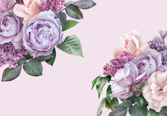 Floral banner, header with copy space. Lilac and roses isolated on dark pastel pink background. Natural flowers wallpaper or greeting card.