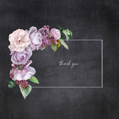 Floral card with copy space.  Lilac and roses  isolated on dark textured grange background. Bouquet of garden flowers.
