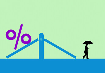 Illustration of man walking away from percentage sign lying on broken seesaw