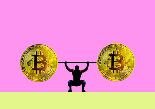 Illustration of man powerlifting barbell with Bitcoins