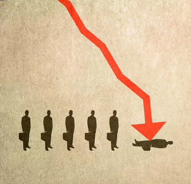 Illustration of businessmen waiting in line to be struck by arrow symbolizinglayoffs