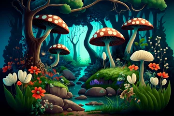 Foto op Aluminium Fantastic wonderland forest landscape with mushrooms and flowers. © Лилия Захарчук