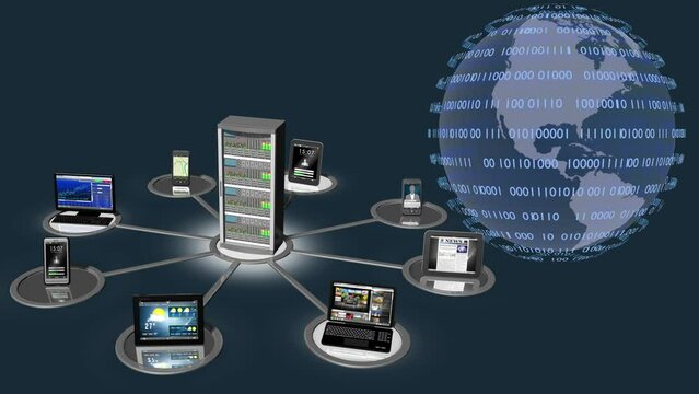 Filmato. Illustrazione 3D. Sfondo mondo digitale. Sequenza di zero e uno concetto di connessione globale tra persone, social network, e dispositivi informatici.