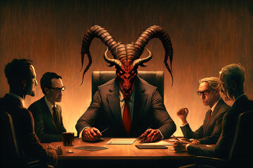 A meeting in the office of the boss who is lucifer, the prince of darkness, lord of the underworld, satan himself. Giving orders to his worker slaves, evil businessman and as a monster corperation - obrazy, fototapety, plakaty