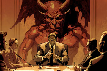 A meeting in the office of the boss who is lucifer, the prince of darkness, lord of the underworld, satan himself. Giving orders to his worker slaves, evil businessman and as a monster corperation