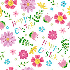 Seamless pattern with beautiful flowers and leaves. Cute easter pattern