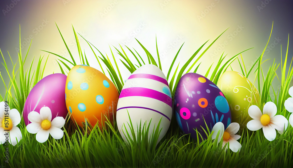 Wall mural  Easter banner with beautifully painted eggs blue background. Concept of Easter egg hunt or surprise gifts.Generative AI