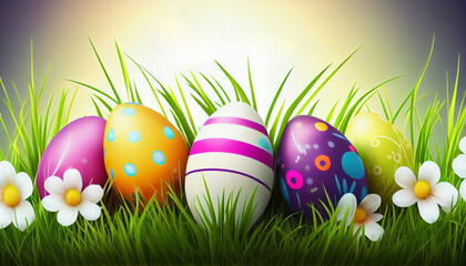  Easter banner with beautifully painted eggs blue background. Concept of Easter egg hunt or surprise gifts.Generative AI