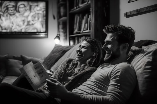 A cute handsome couple watching netflix, a film or TV on their couch/sofa, slaughing and enjoying themselves, portrait, painting style, eating popcorn and being close and romantic in a sweet evening