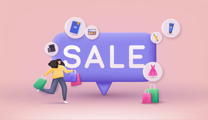People Character shop at an store. Discount banner design. Online shopping concept. 3D Web Vector Illustrations.