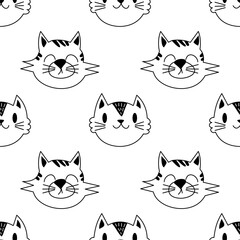 Black and white seamless pattern with cat faces for kid clothing, baby shower, wrapping paper. EPS