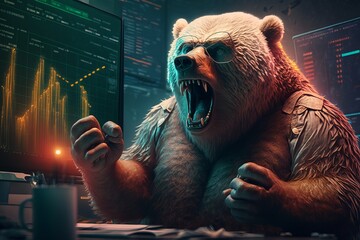Angry Bear trading with computer, Bearish in Stock market and Crypto currency. Generative Ai - obrazy, fototapety, plakaty