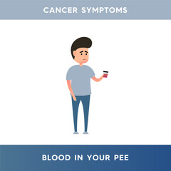 Vector illustration of an excited man who is holding a jar of urine in his hand. Blood in the urine is a symptom of kidney disease, viral infections, cancer. Illustration for medical articles, posters