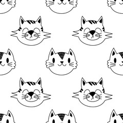 Black and white seamless pattern with cat faces for kid clothing, baby shower, wrapping paper. EPS