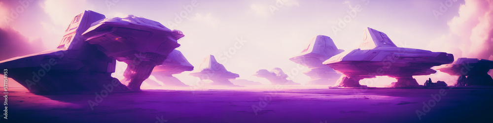 Wall mural panoramic view of a planet featuring alien structures, sci-fi landscape.. generative ai