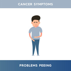 Vector illustration of a sad man who has problems with urination. Painful or difficult urination. Symptoms of cancer, prostatitis. Illustration for medical articles, posters and stands.