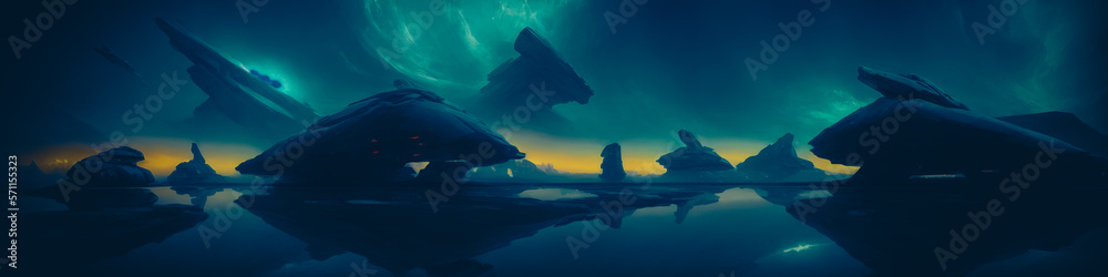 Wall mural panoramic view of a planet featuring alien structures, sci-fi landscape.. generative ai