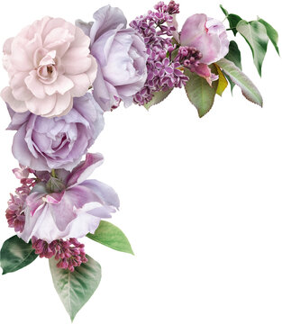 Lilac and roses  isolated on a transparent background. Png file.  Floral arrangement, bouquet of garden flowers. Can be used for invitations, greeting, wedding card.