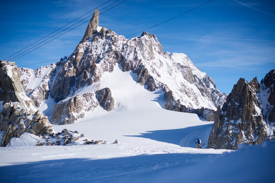 Ski touring in front of the Dent du Geant
